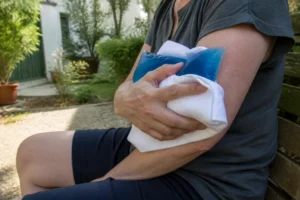 Un homme applique une compresse froide sur son bras pour soulager piqûre taon douleur démangeaisons dans son jardin.