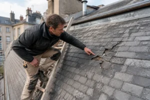 Un artisan inspecte les dégâts sur une toiture commune sans copropriété qui paie les travaux de rénovation à Lyon