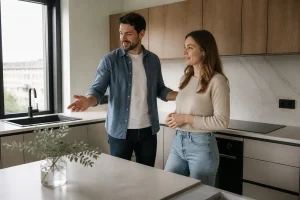 couple discutant dans leur cuisine moderne nouvellement installée en consultant les avis cuisinella