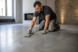 Artisan appliquant du béton ciré sol dans une pièce de vie rénovée à Lyon