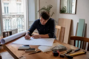 Propriétaire consultant des documents de travaux après avoir suivi des avis tutoriels bricolage