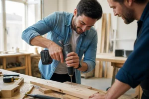 Un participant concentré lors d'un atelier pratique de formation bricolage débutant dans un atelier lumineux