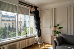Un propriétaire examine attentivement un mécanisme pour savoir comment réparer un volet roulant dans son salon.