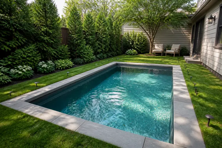 Petite piscine enterrée installée dans un jardin exigu avec dallage en pierre naturelle