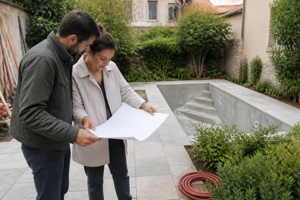 Aménagement et construction piscine dans petit jardin urbain à Lyon avec un paysagiste.