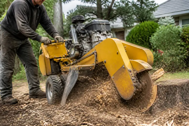 Utilisation d'une rogneuse de souche thermique pour le dessouchage d'arbre dans un jardin