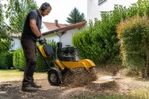 Paysagiste utilisant une rogneuse de souche dans un jardin pour un dessouchage arbre prix solutions efficace.