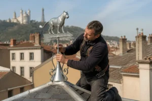 Installation d'une girouette animal en métal par un artisan sur un toit à Lyon.