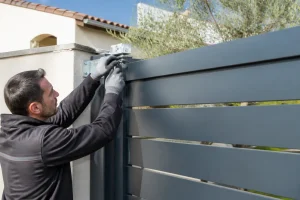 Un technicien ajuste le meilleur guide portail coulissant sur une installation résidentielle en extérieur.