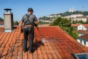 artisan appliquant un traitement hydrofuge toiture sur des tuiles en terre cuite à Lyon