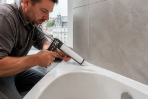 Artisan réalisant l'étanchéité avec un pistolet pour savoir quel silicone joint baignoire utiliser
