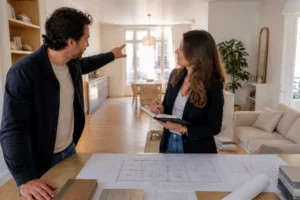 Un couple discute de l'aménagement de l'espace pour moderniser sa maison dans un salon lumineux.