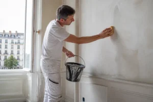 artisan préparant et nettoyant une surface avant travaux avec de la lessive saint marc dégraisser murs plafonds