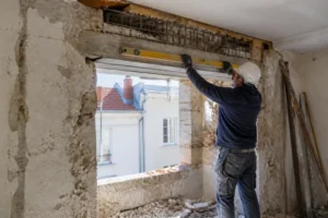 artisan qualifié posant un linteau béton prix dimensions pose sur un chantier de rénovation