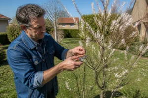 Jardinier taillant un saule crevette au sécateur dans un jardin de Lyon, illustrant quand et comment tailler le saule crevette.