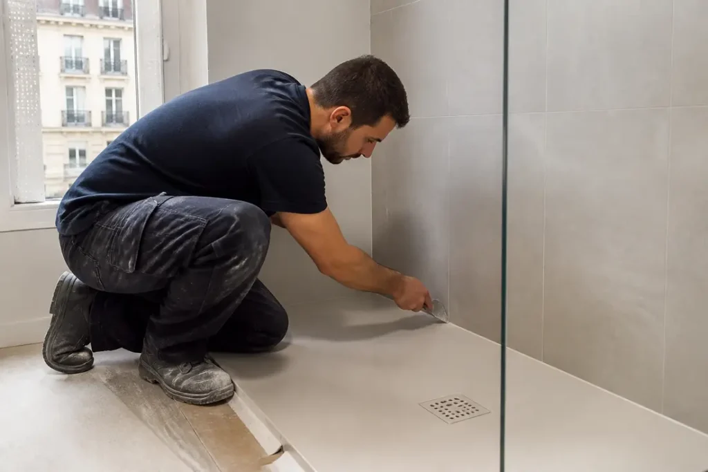 Un artisan inspecte l'installation d'un receveur de douche à éviter lors de travaux de rénovation à Lyon