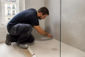 Un artisan inspecte l'installation d'un receveur de douche à éviter lors de travaux de rénovation à Lyon