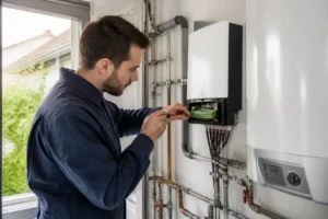 Un électricien installe un boîtier pour choisir routeur solaire chauffe-eau dans une buanderie lumineuse.