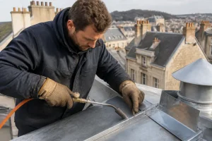 artisan couvreur réalisant le soudage du zinc étanchéité sur une toiture à Lyon