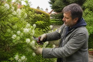 Jardinier taillant un seringat en fleurs au printemps pour savoir comment tailler seringats efficacement sans abîmer la floraison