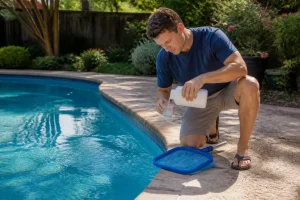 Propriétaire mesurant un produit pour son traitement anti-algues piscine dans le jardin d'une maison.