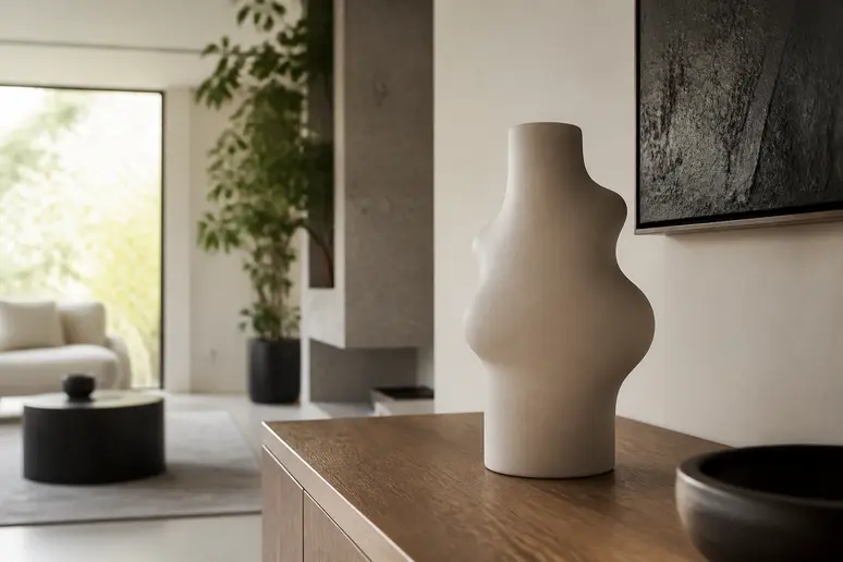Vase sculptural en céramique posé sur une console en bois avec éclairage indirect