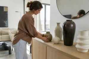 Collection de céramiques artistiques sur un meuble en bois pour vase histoire signification décoration dans un salon lumineux